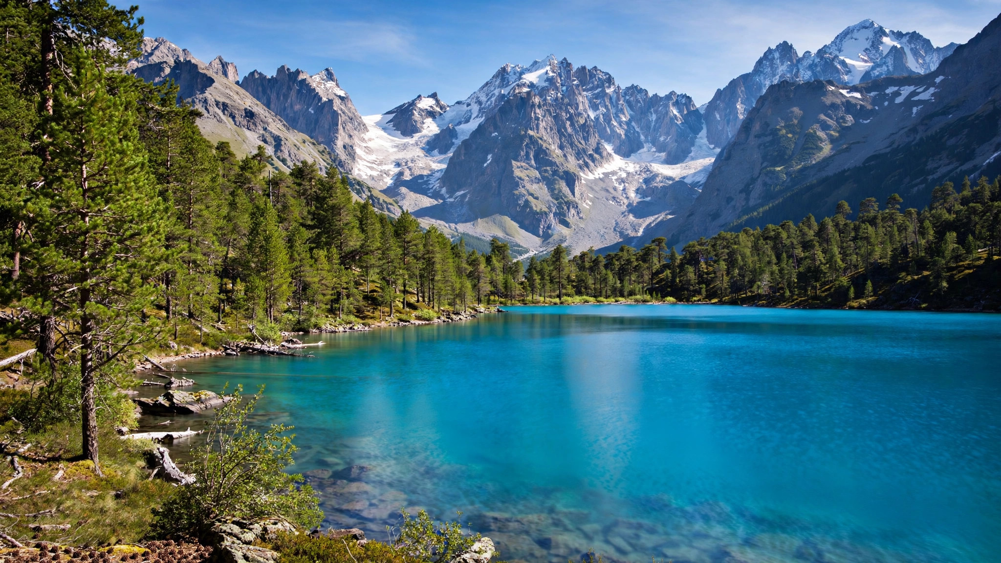 Alpine lake in bright daylight
