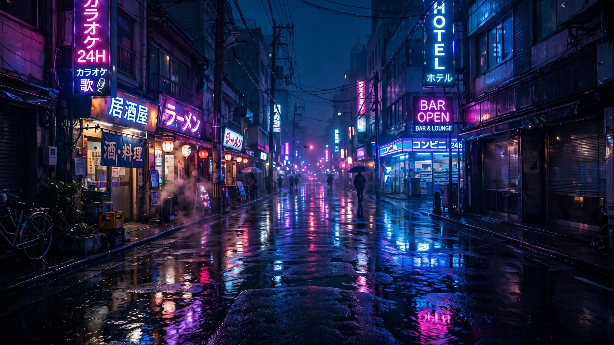 Neon street at night in the rain